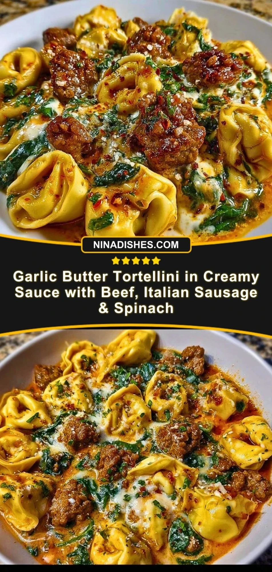 Garlic Butter Tortellini in Creamy Sauce with Beef, Italian Sausage & Spinach Pin 2