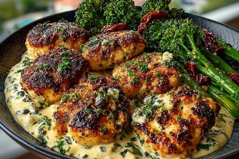 Garlic-Parmesan Chicken Bites with Sun-Dried Tomato Cajun Alfredo & Charred Broccolini 1