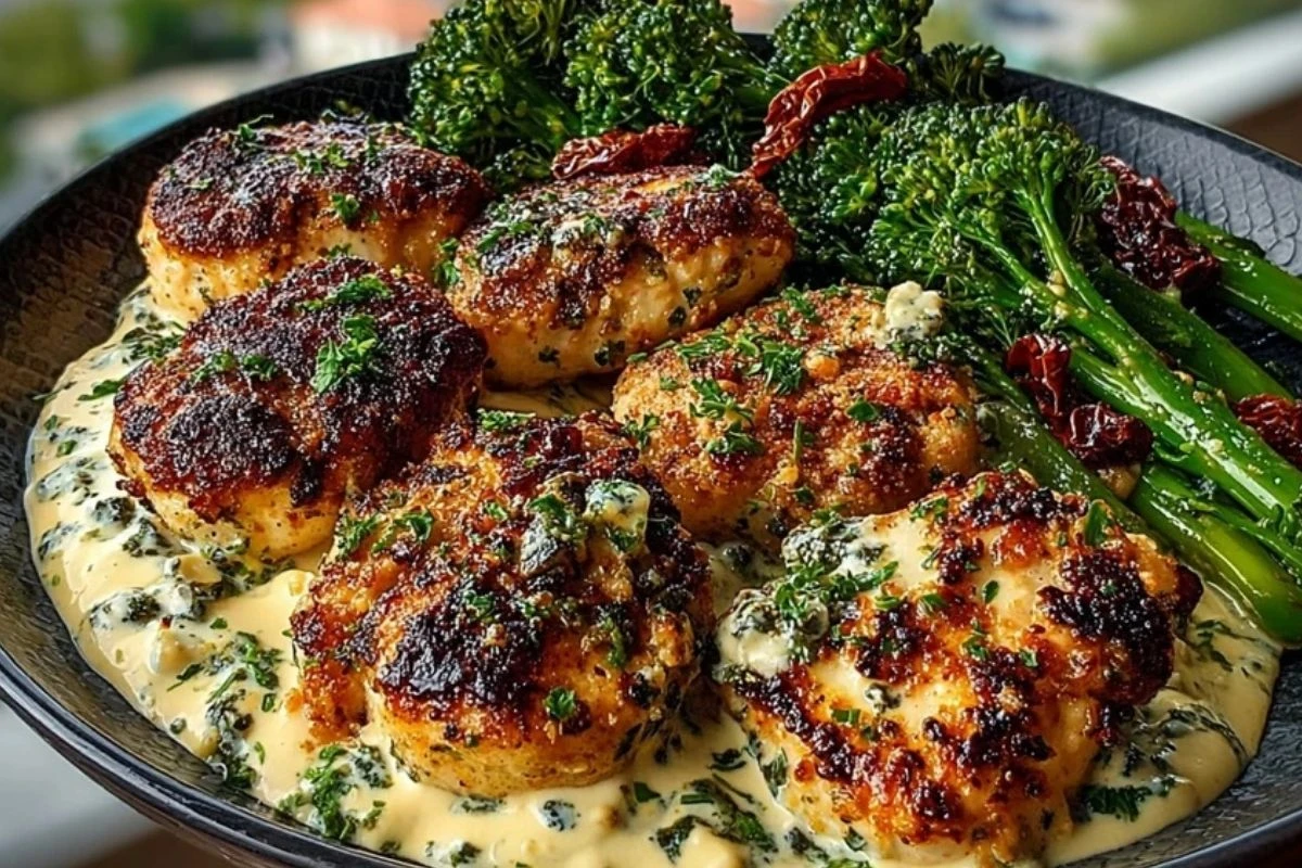 Garlic-Parmesan Chicken Bites with Sun-Dried Tomato Cajun Alfredo & Charred Broccolini 1