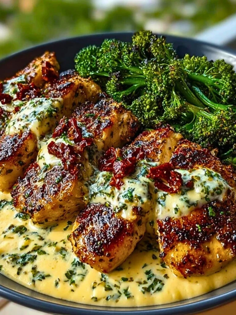 Garlic-Parmesan Chicken Bites with Sun-Dried Tomato Cajun Alfredo & Charred Broccolini 2