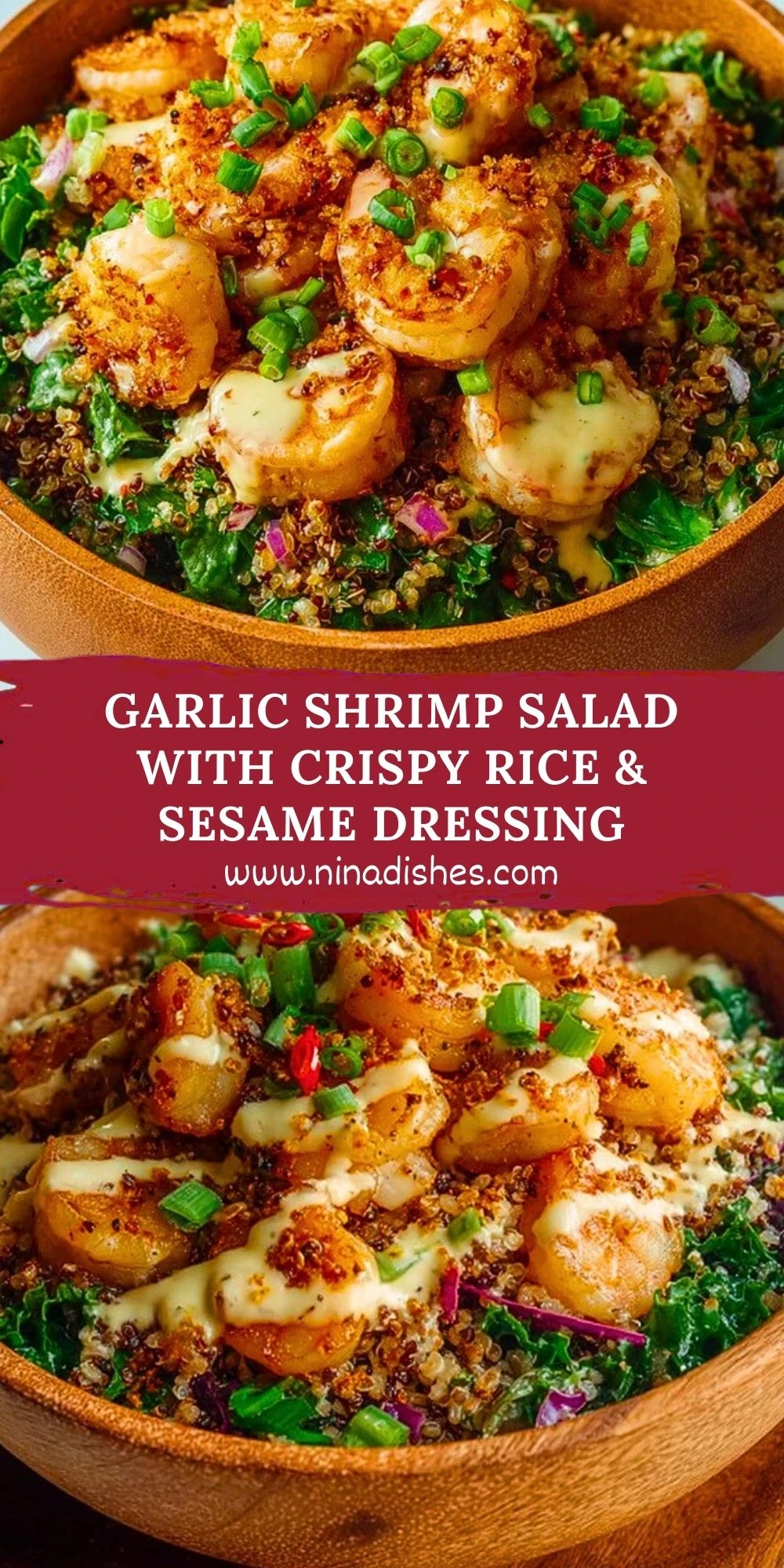Garlic Shrimp Salad with Crispy Rice & Sesame Dressing Pin 1