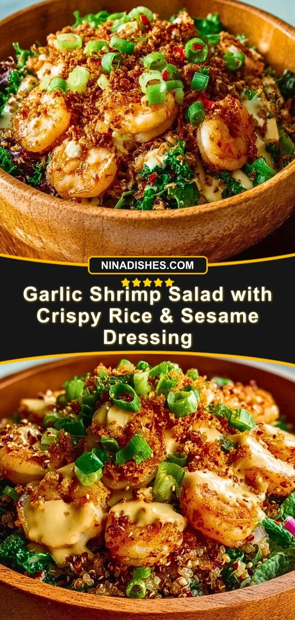 Garlic Shrimp Salad with Crispy Rice & Sesame Dressing Pin 2