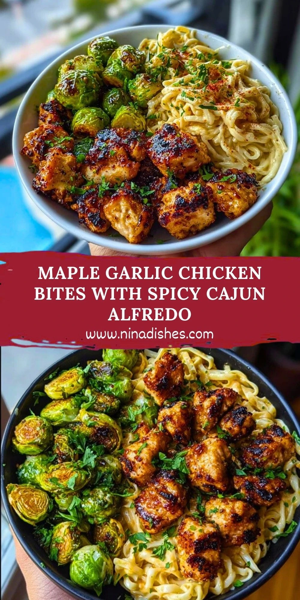 Maple Garlic Chicken Bites with Spicy Cajun Alfredo Pin 1