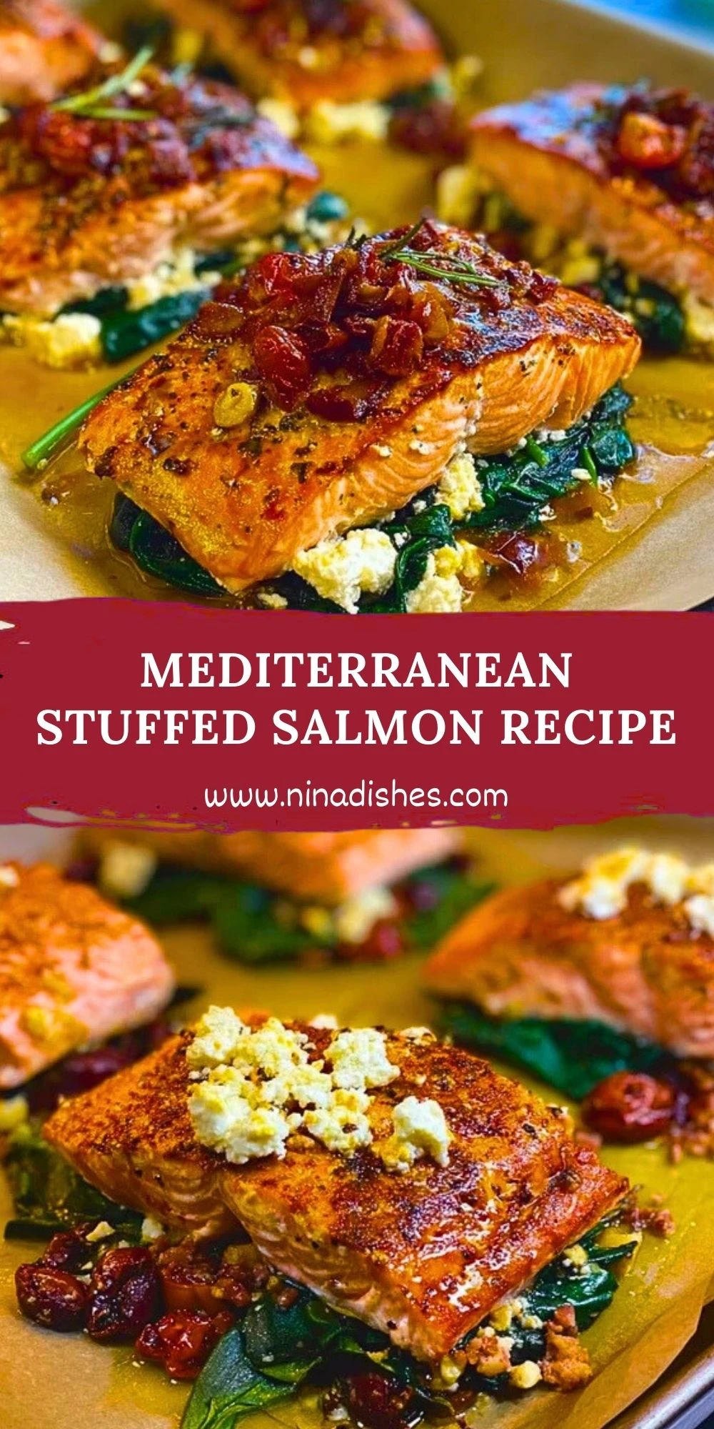 Mediterranean Stuffed Salmon Recipe Pin 1