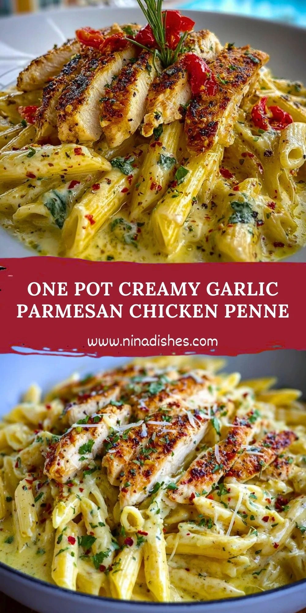 One Pot Creamy Garlic Parmesan Chicken Penne Pin 1