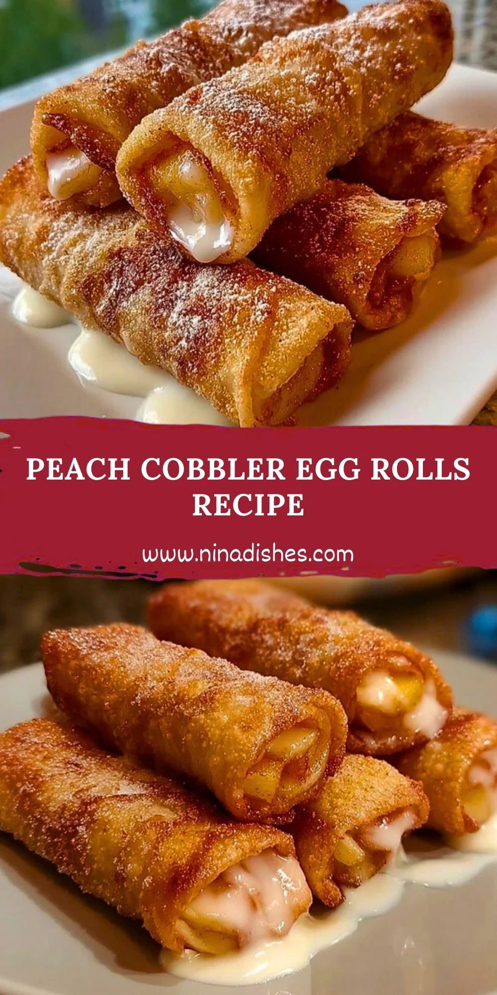 Peach Cobbler Egg Rolls Recipe Pin 1