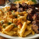 Penne with Creamy Velveeta Four-Cheese and Cajun Beef Bites 1