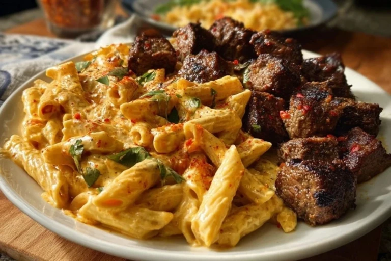 Penne with Creamy Velveeta Four-Cheese and Cajun Beef Bites 1