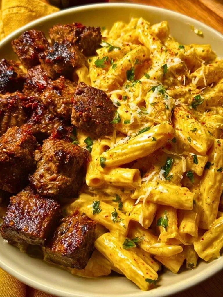 Penne with Creamy Velveeta Four-Cheese and Cajun Beef Bites 2
