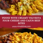Penne with Creamy Velveeta Four-Cheese and Cajun Beef Bites Pin 1