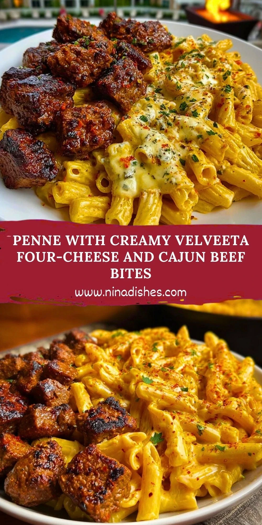 Penne with Creamy Velveeta Four-Cheese and Cajun Beef Bites Pin 1