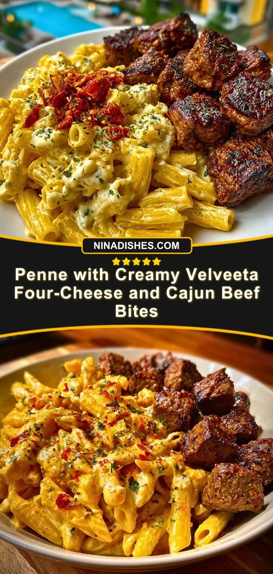 Penne with Creamy Velveeta Four-Cheese and Cajun Beef Bites Pin 2