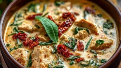 Rich & Creamy Chicken Spinach Soup with Sun-Dried Tomatoes 1