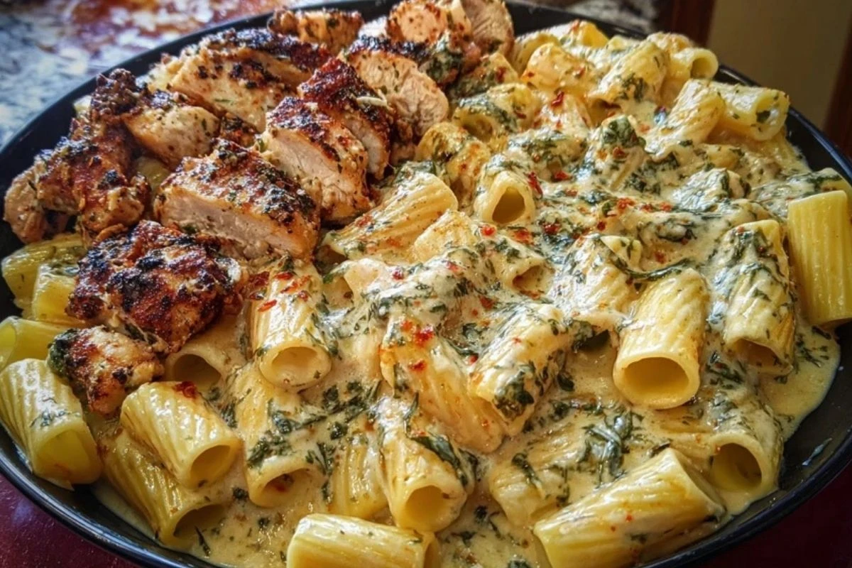 Rigatoni in Cheesy Italian Herb Alfredo with Cajun Chicken 1