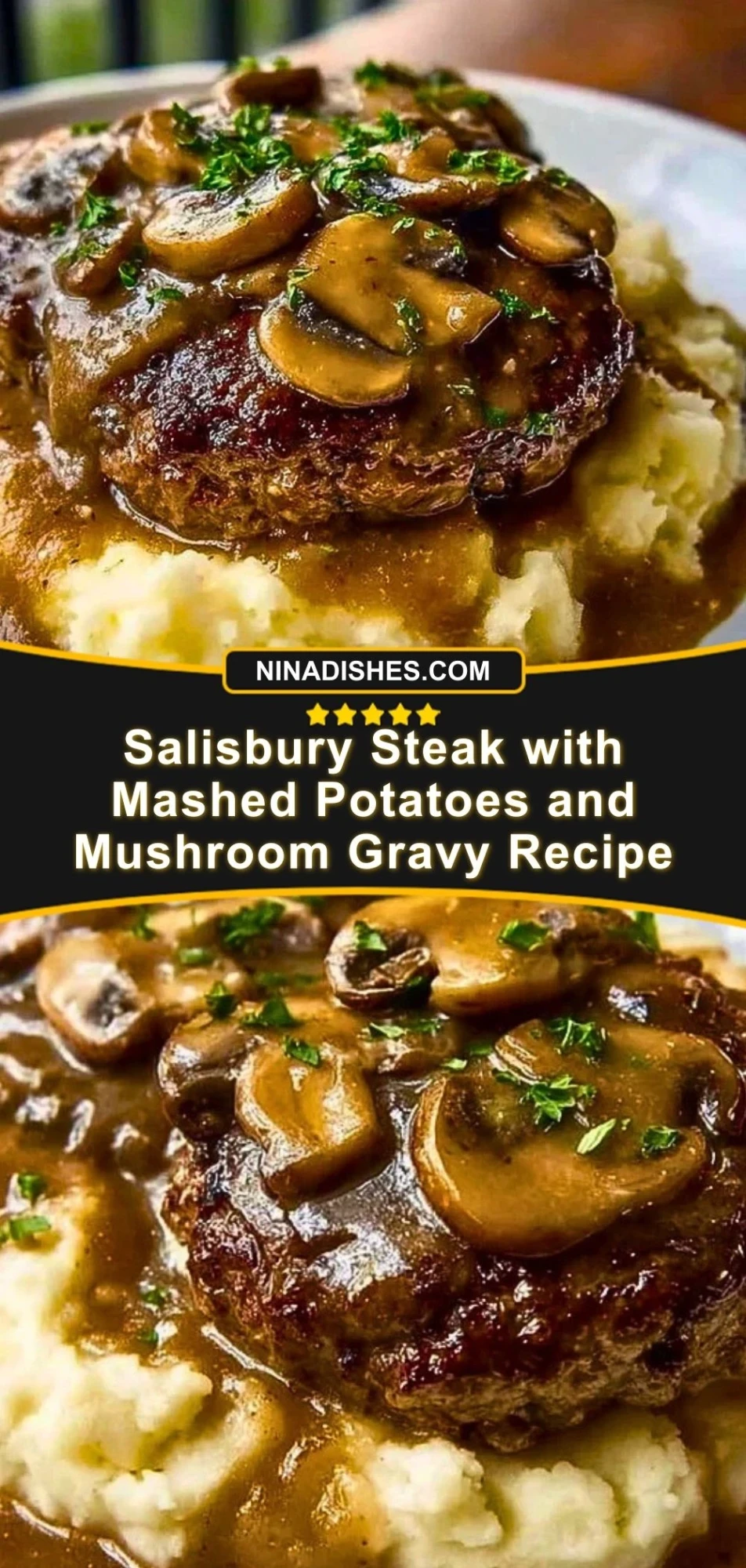 Salisbury Steak with Mashed Potatoes and Mushroom Gravy Recipe Pin 2