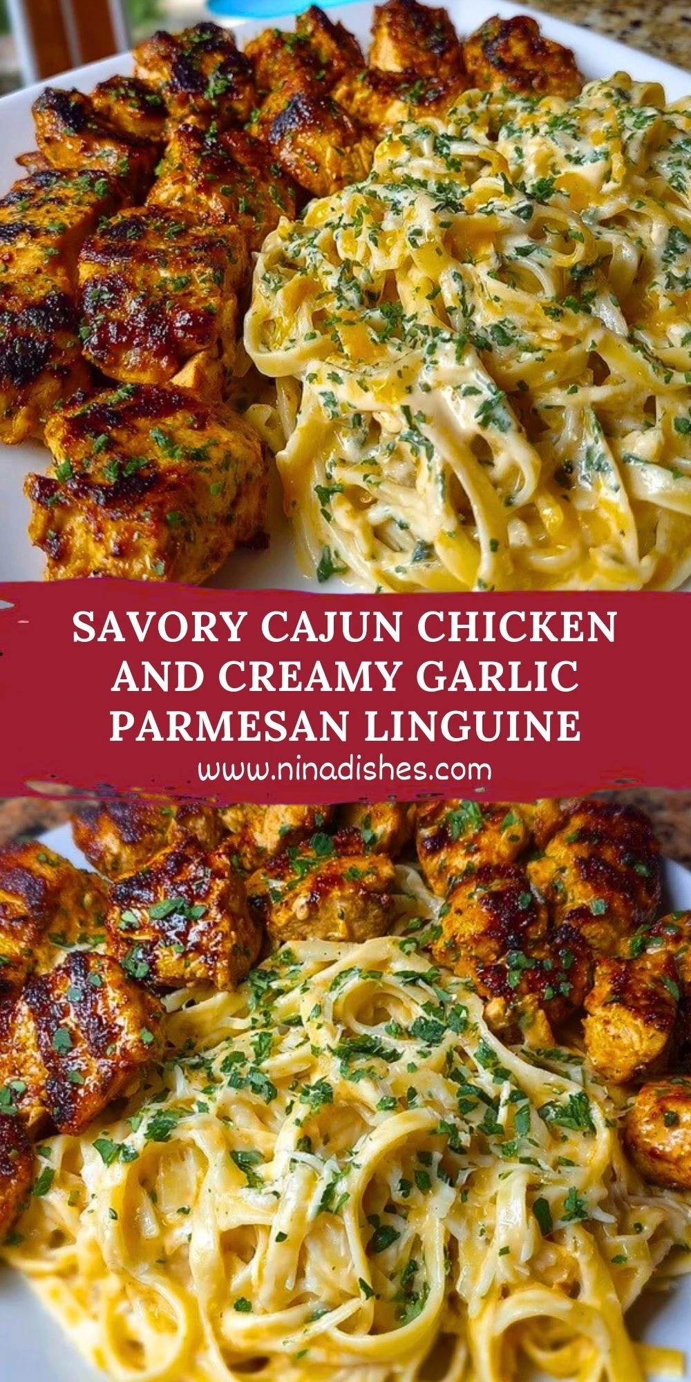 Savory Cajun Chicken and Creamy Garlic Parmesan Linguine Pin 1