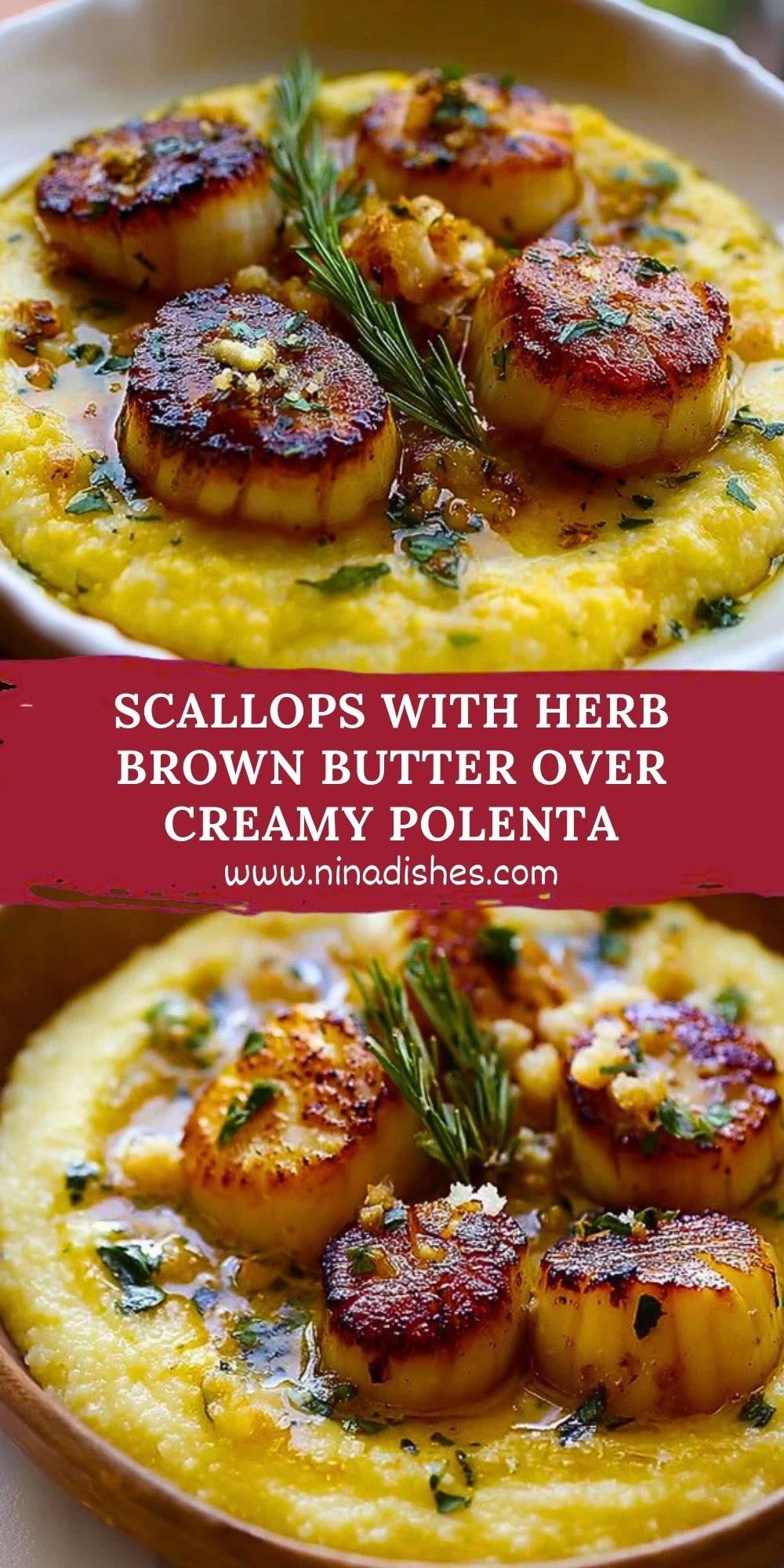 Scallops with Herb Brown Butter over Creamy Polenta Pin 1