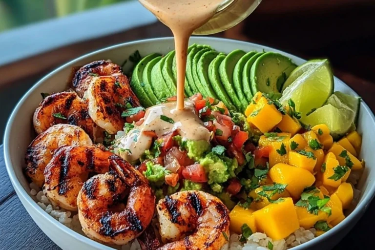 Shrimp and Avocado Bowls with Mango Salsa & Lime-Chili Sauce