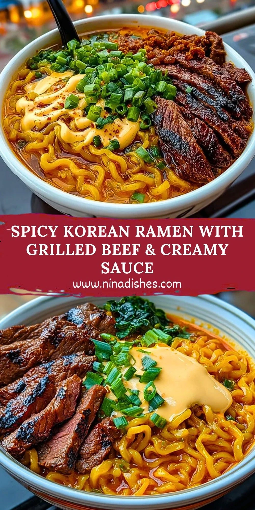 Spicy Korean Ramen with Grilled Beef & Creamy Sauce Pin 1