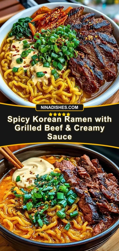 Spicy Korean Ramen with Grilled Beef & Creamy Sauce Pin 2