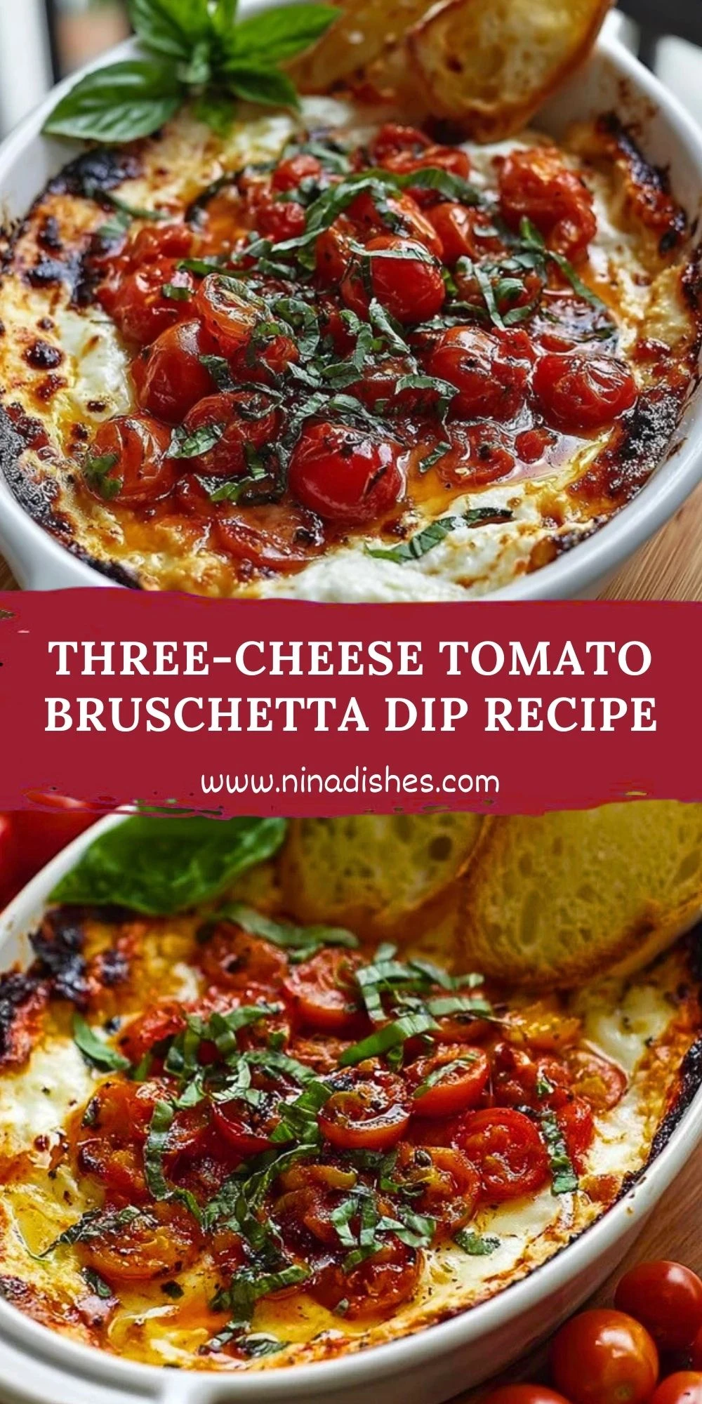 Three-Cheese Tomato Bruschetta Dip Recipe Pin 1