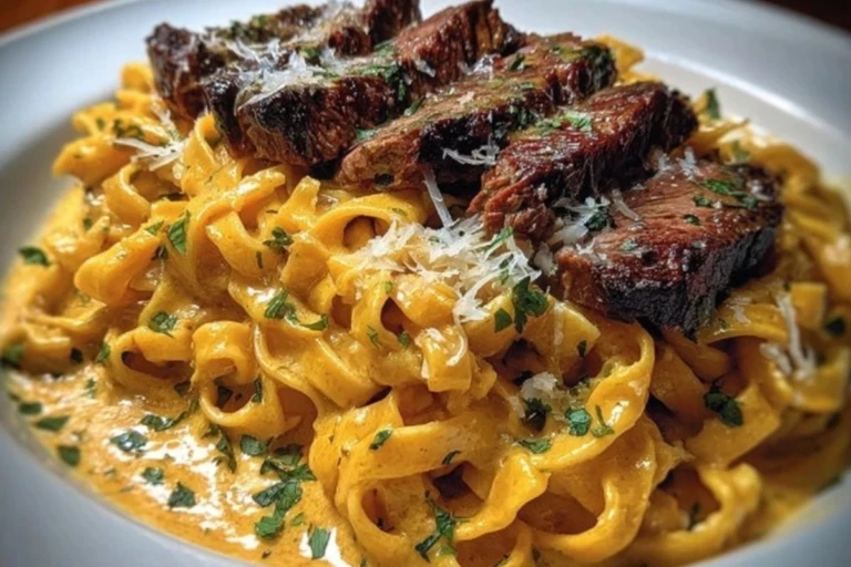 Velveeta Steak Fettuccine with Garlic Butter Cream Sauce 1