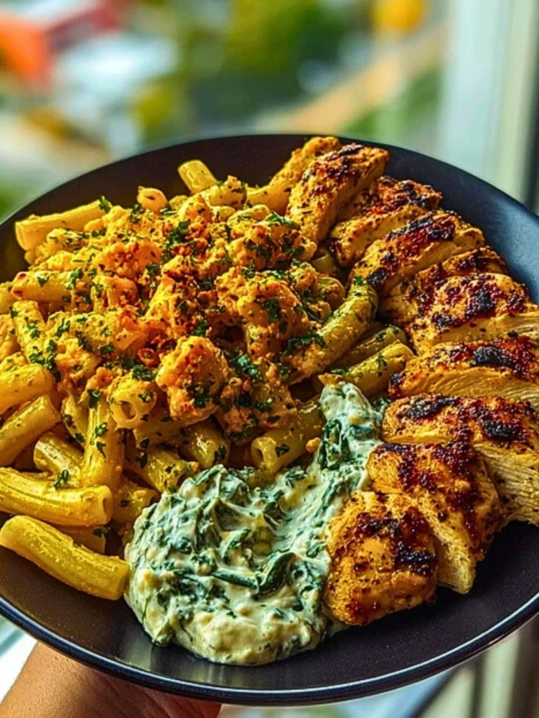 Zesty Greek Chicken Pasta with Spicy Harissa Feta Cream & Roasted Asparagus Crisps (1)