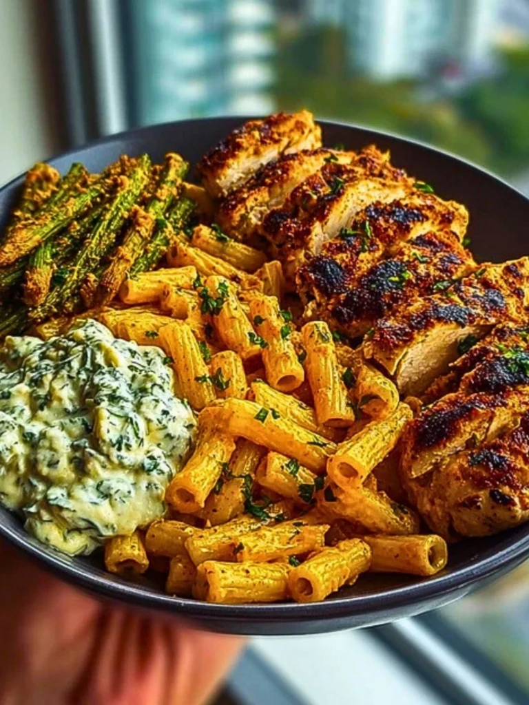 Zesty Greek Chicken Pasta with Spicy Harissa Feta Cream & Roasted Asparagus Crisps (2)