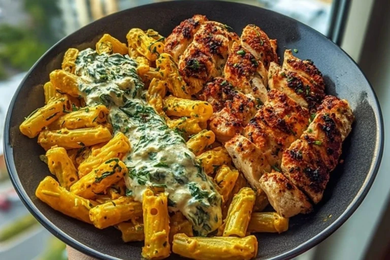 Zesty Greek Chicken Pasta with Spicy Harissa Feta Cream & Roasted Asparagus Crisps