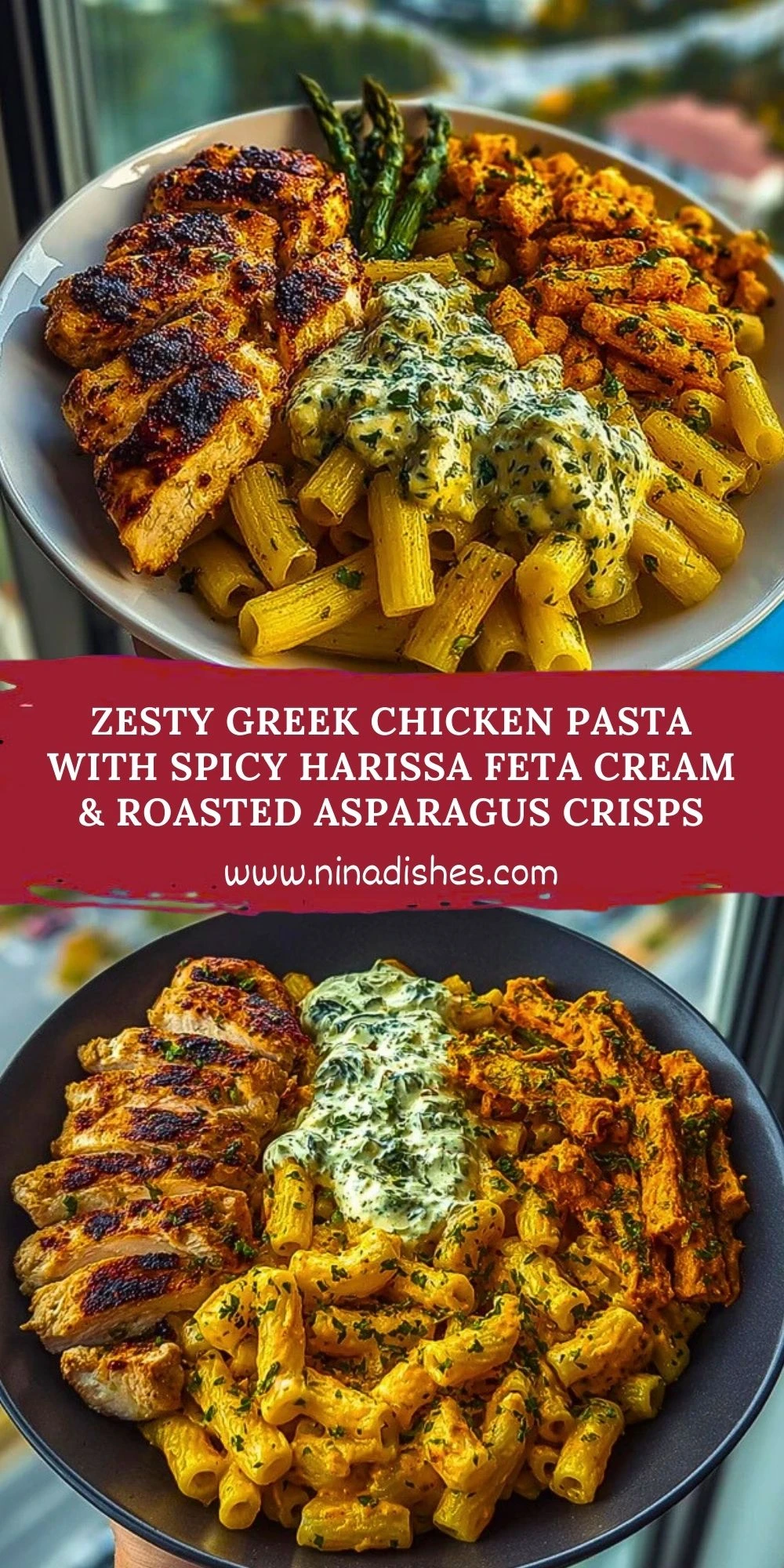 Zesty Greek Chicken Pasta with Spicy Harissa Feta Cream & Roasted Asparagus Crisps Pin 1