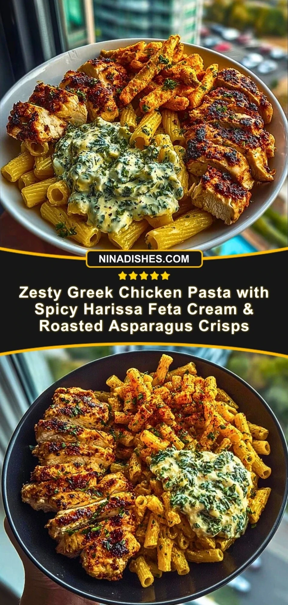 Zesty Greek Chicken Pasta with Spicy Harissa Feta Cream & Roasted Asparagus Crisps Pin 2