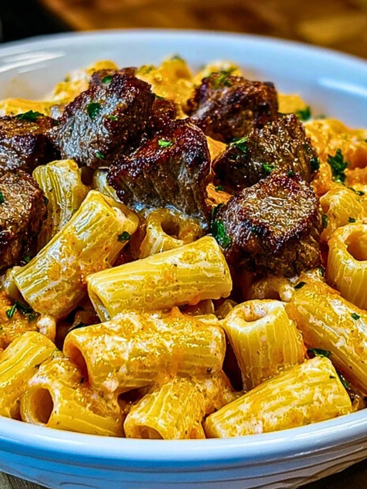 Cajun Steak Tips in Cheesy Rigatoni Parmesan Sauce (1)
