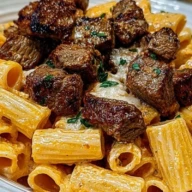 Cajun Steak Tips in Cheesy Rigatoni Parmesan Sauce