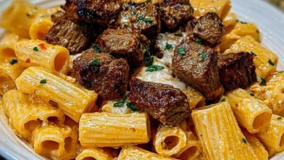 Cajun Steak Tips in Cheesy Rigatoni Parmesan Sauce