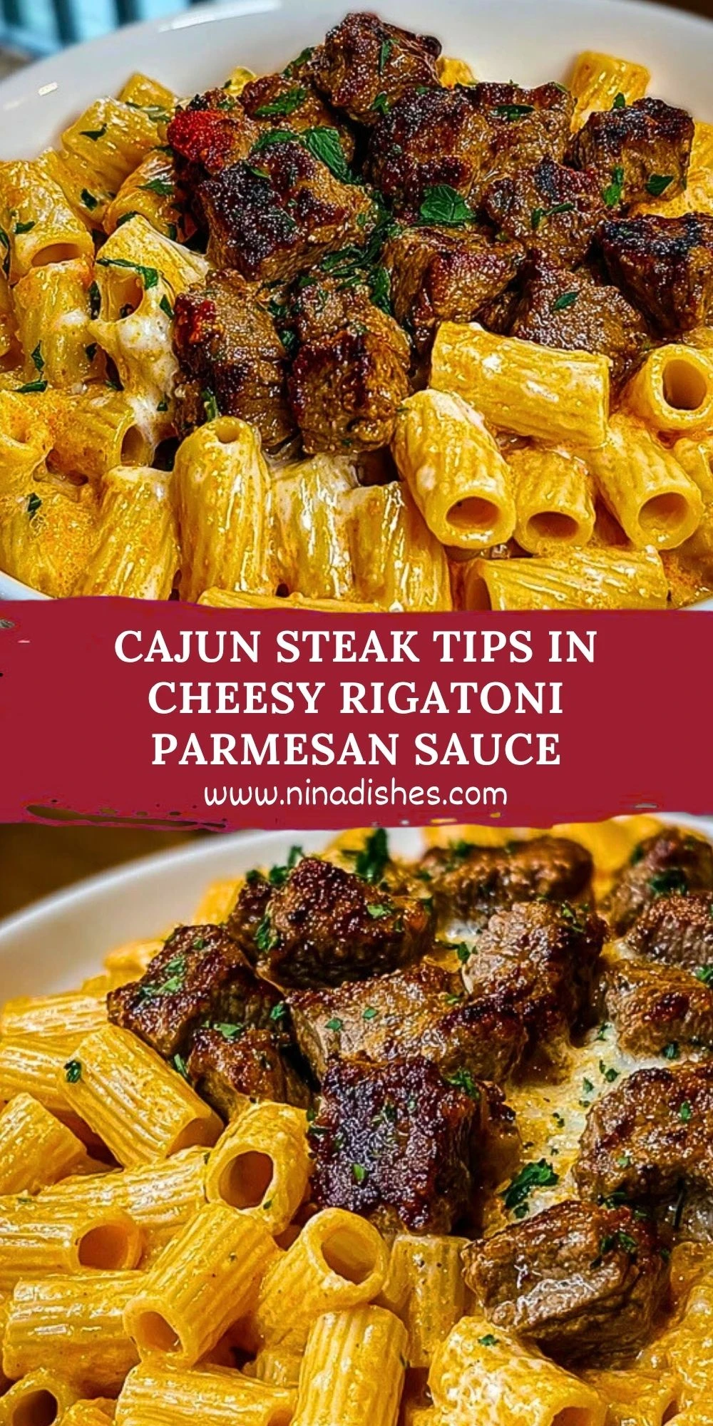 Cajun Steak Tips in Cheesy Rigatoni Parmesan Sauce Pin 1
