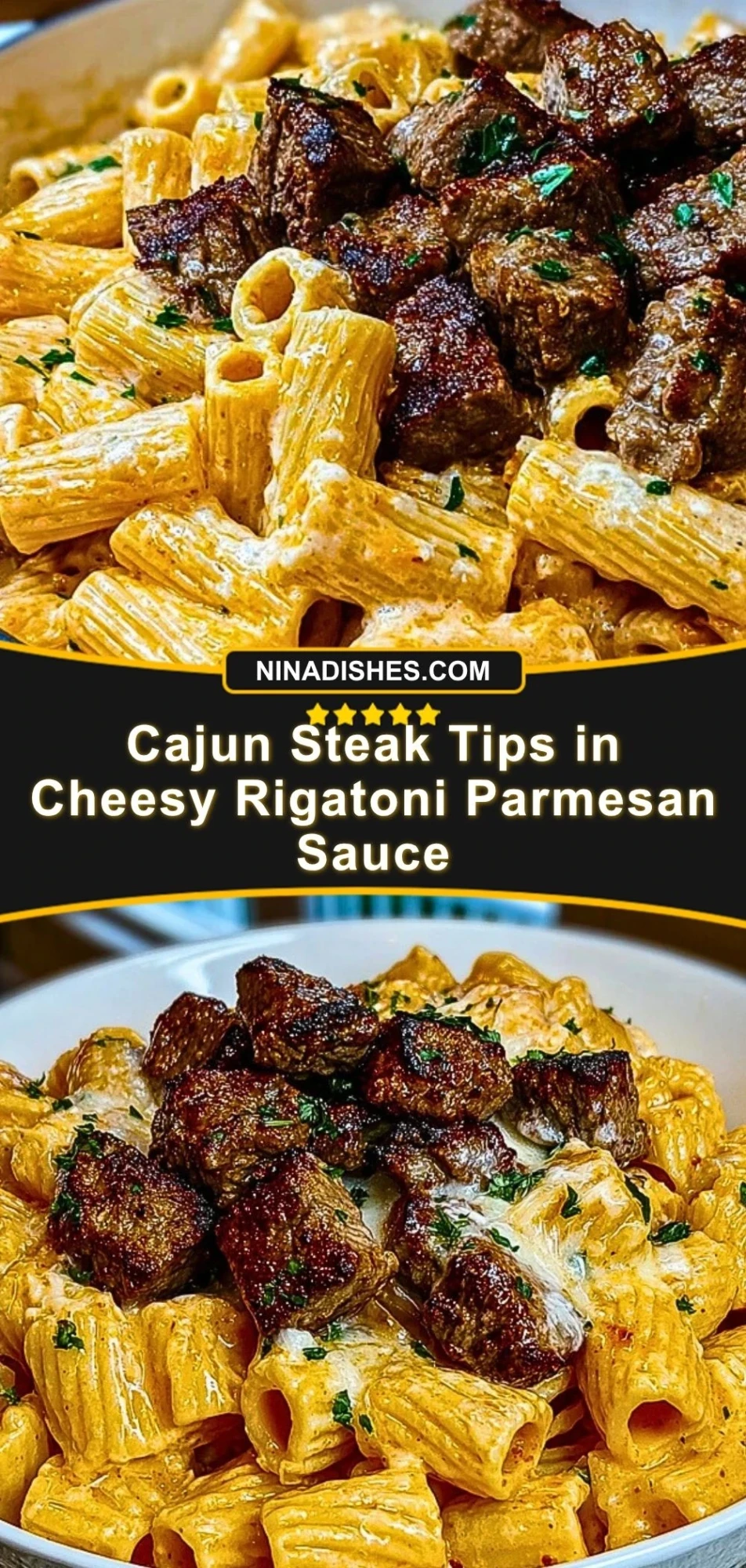 Cajun Steak Tips in Cheesy Rigatoni Parmesan Sauce Pin 2
