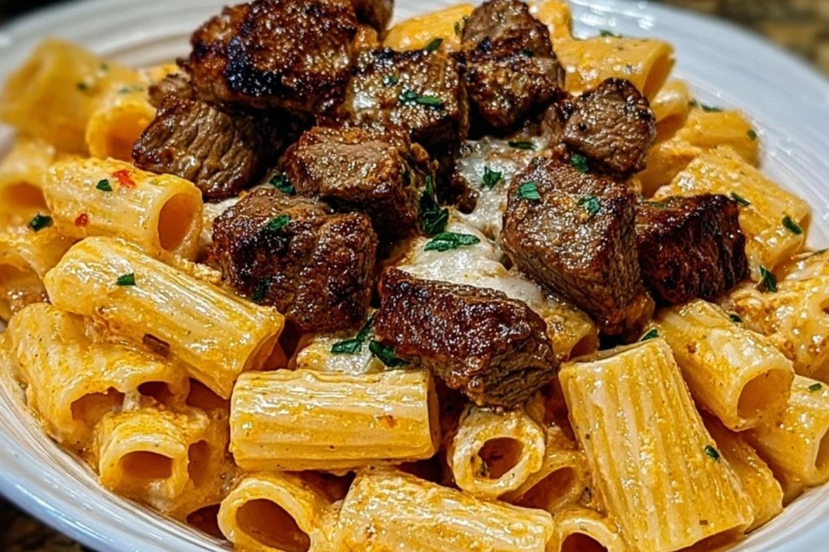 Cajun Steak Tips in Cheesy Rigatoni Parmesan Sauce