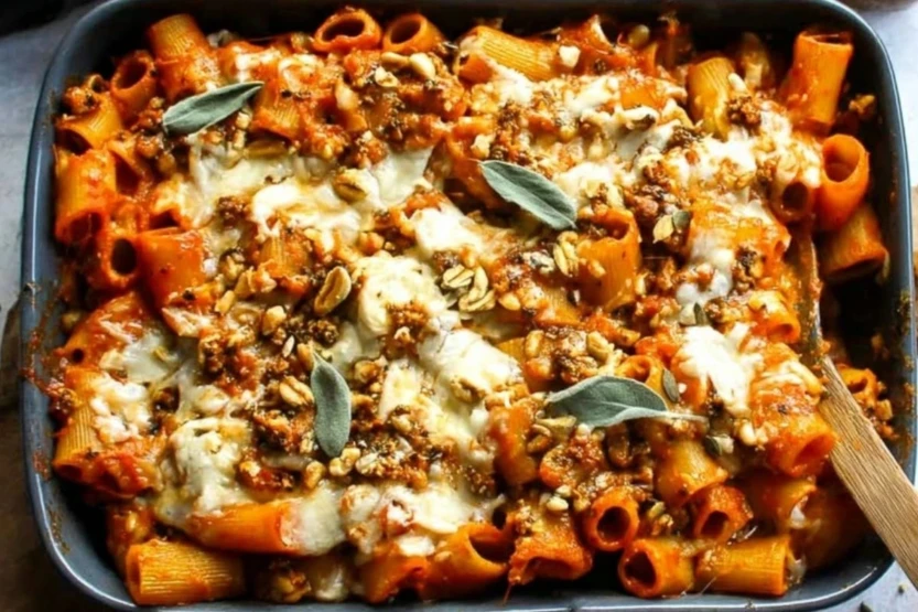 Cheesy Pasta Bake with Pumpkin-Tomato Sauce