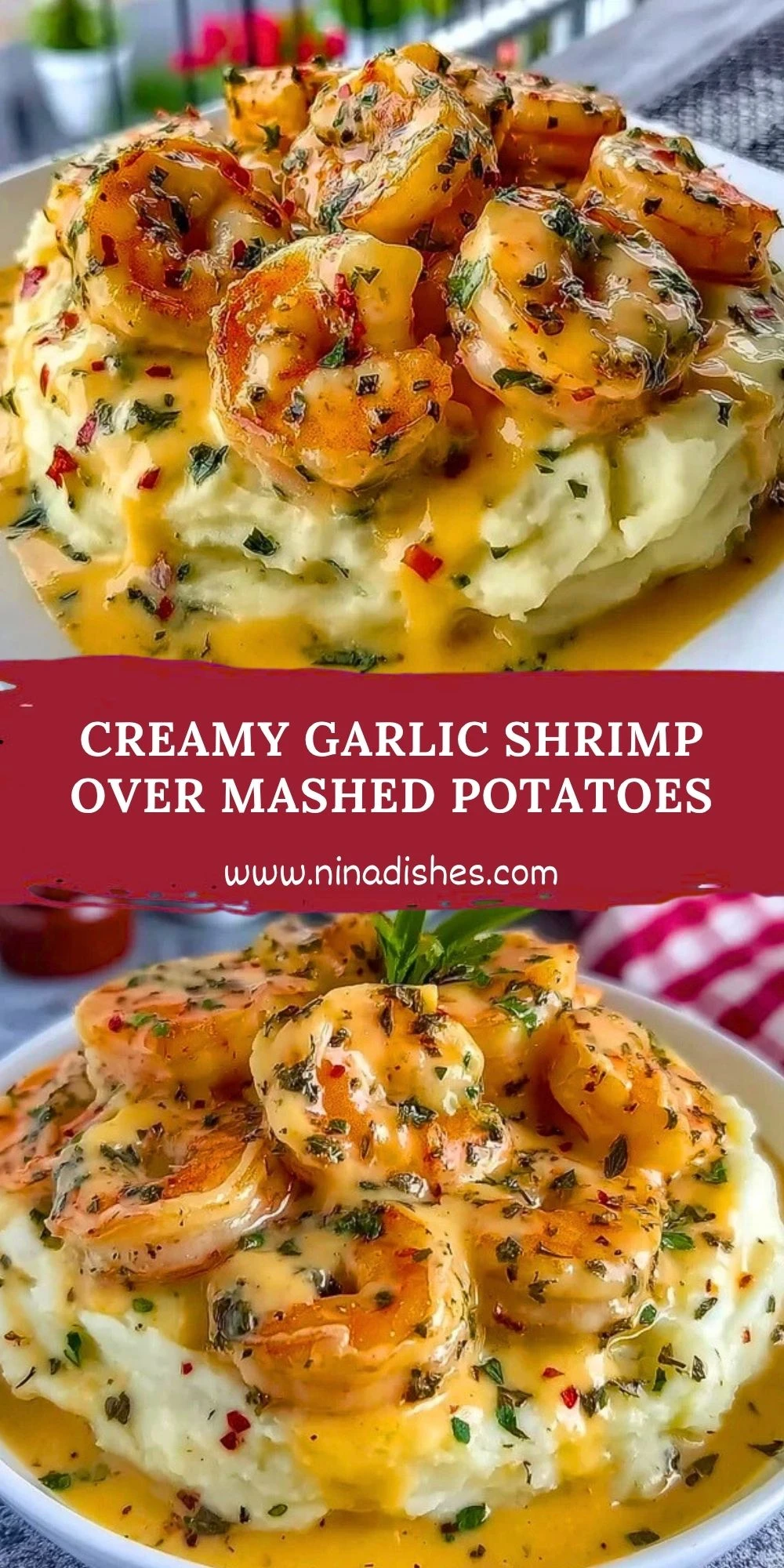 Creamy Garlic Shrimp Over Mashed Potatoes Pin 1