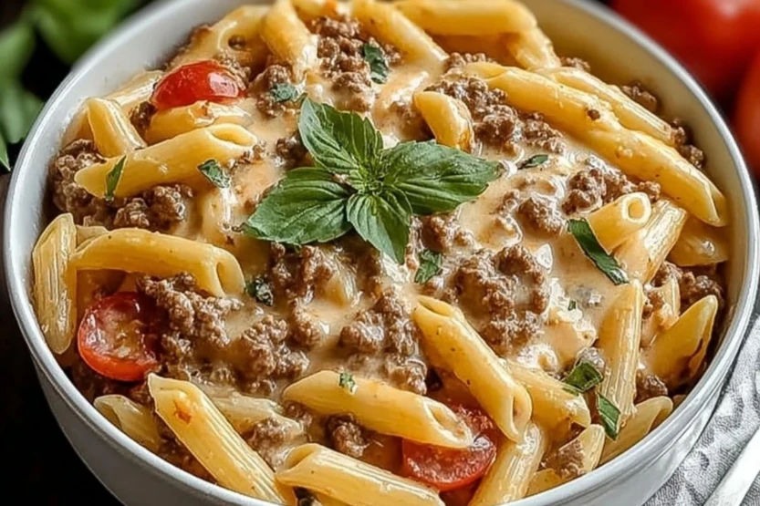 Creamy Rotel Pasta with Ground Beef