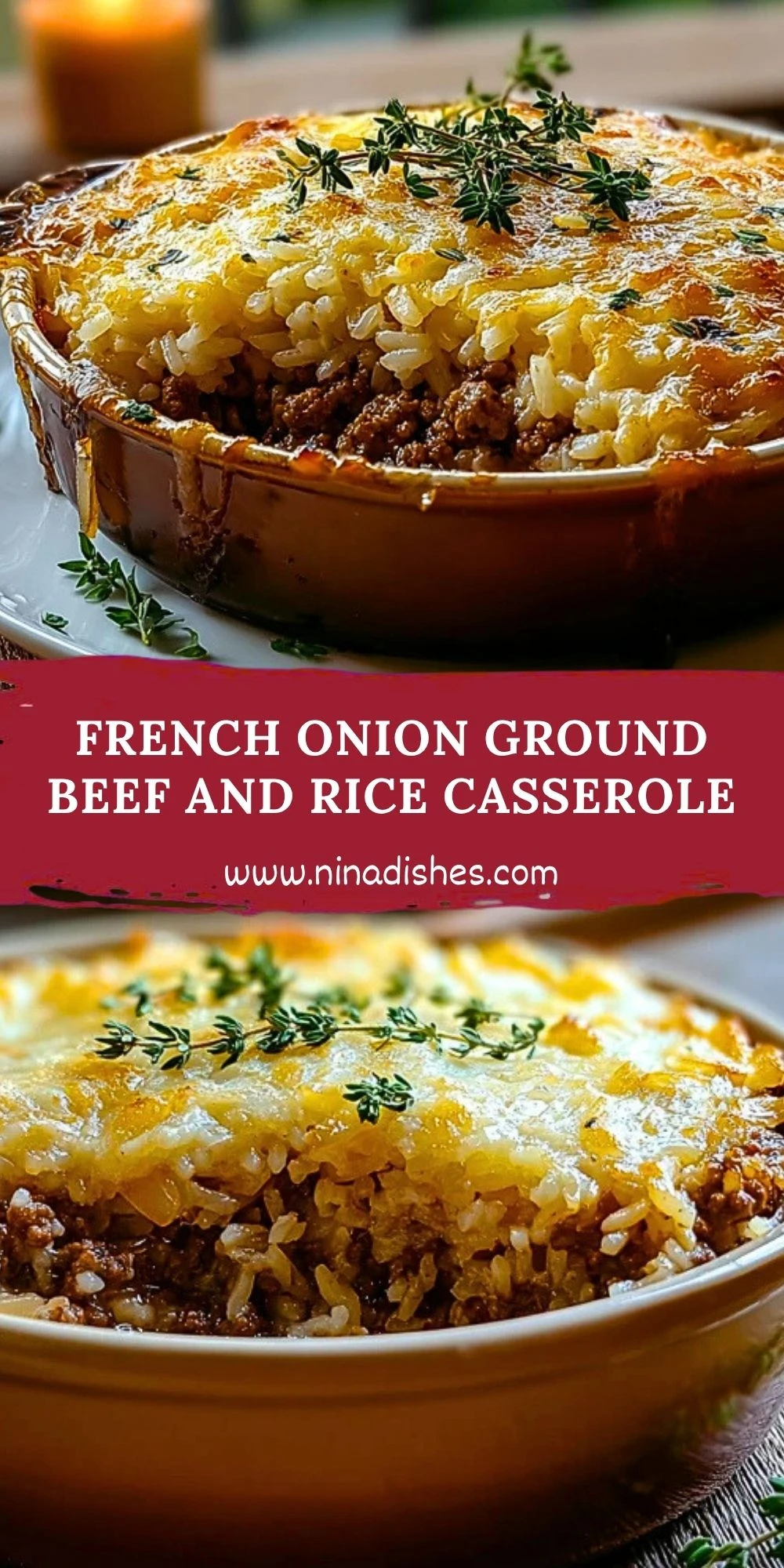 French Onion Ground Beef and Rice Casserole Pin 1