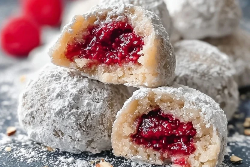 Raspberry-Filled Almond Snowball Cookies