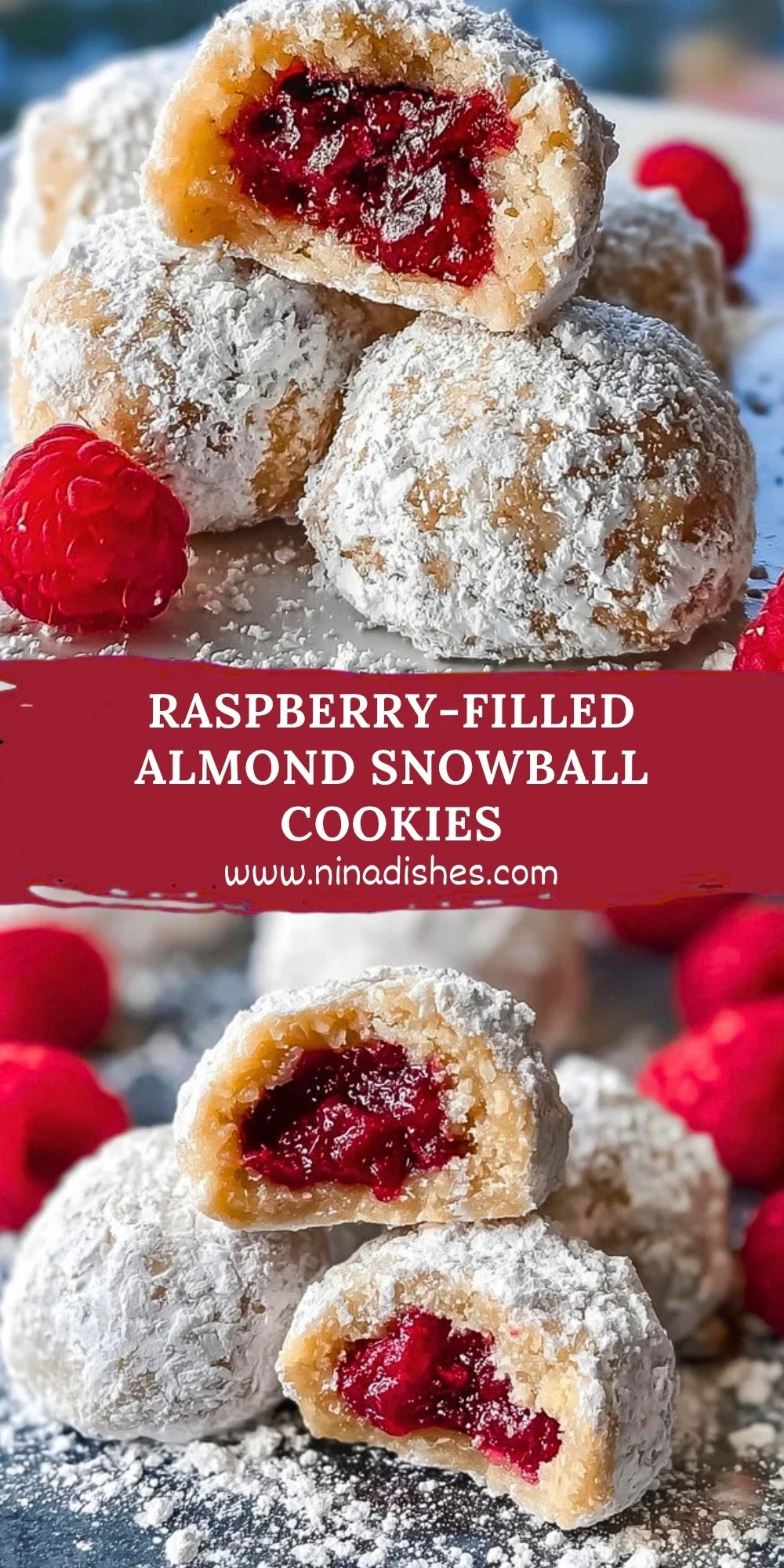 Raspberry-Filled Almond Snowball Cookies Pin 1
