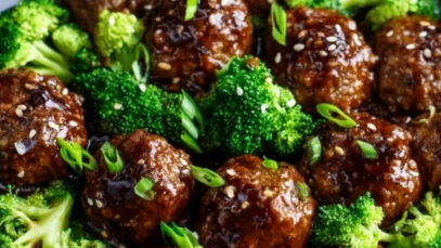 Sticky Mongolian Meatballs and Broccoli
