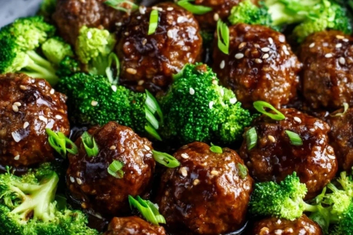 Sticky Mongolian Meatballs and Broccoli