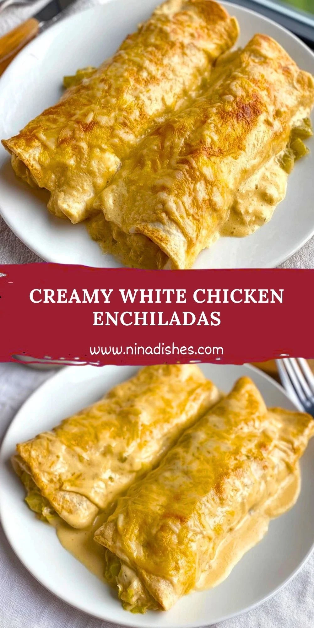 Creamy White Chicken Enchiladas Pin 1