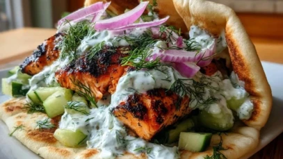 Juicy Grilled Salmon Gyros with Dill Yogurt Sauce