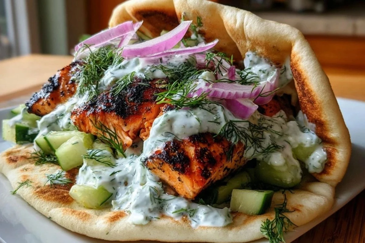 Juicy Grilled Salmon Gyros with Dill Yogurt Sauce