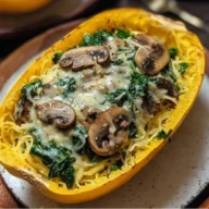 Spaghetti Squash with Mushroom and Spinach Cream Sauce