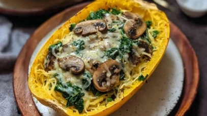Spaghetti Squash with Mushroom and Spinach Cream Sauce